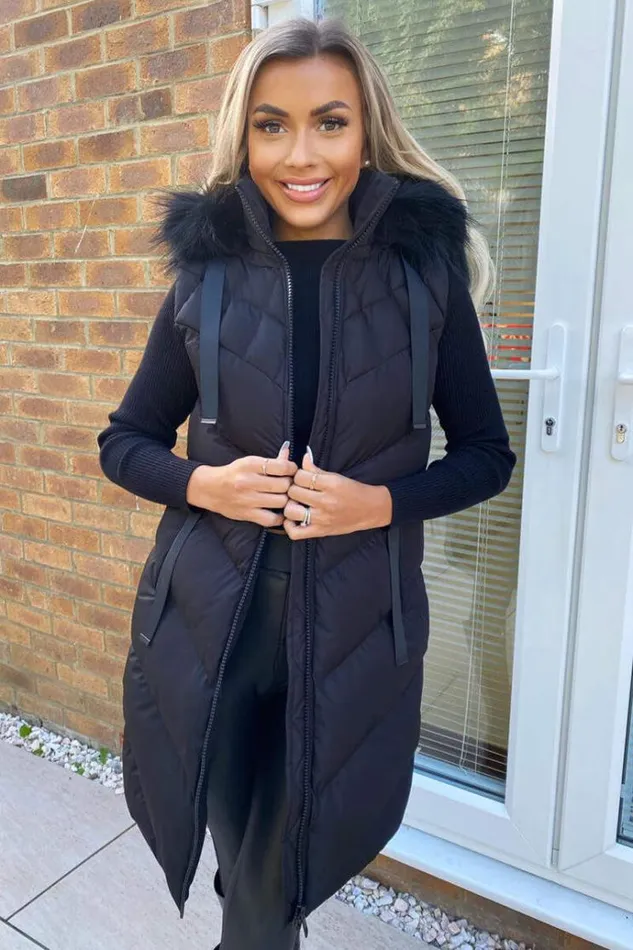 AX Paris Black Faux Fur Hooded Gilet Women Coats and Jackets