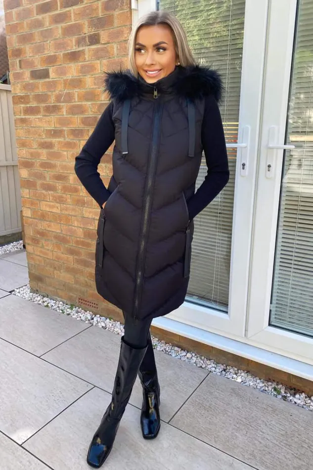 AX Paris Black Faux Fur Hooded Gilet Women Coats and Jackets