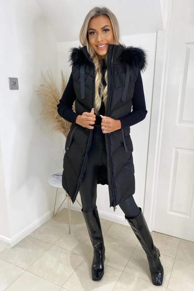 AX Paris Black Faux Fur Hooded Gilet Women Coats and Jackets