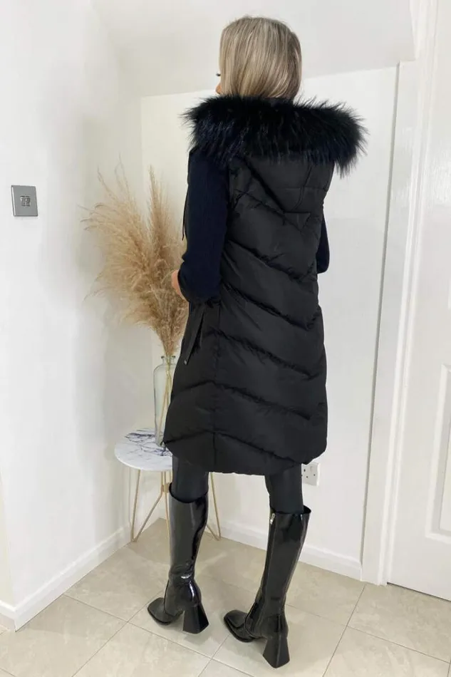 AX Paris Black Faux Fur Hooded Gilet Women Coats and Jackets