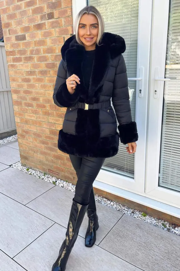 AX Paris Black Faux Fur Trim Belted Jacket Women Coats and Jackets