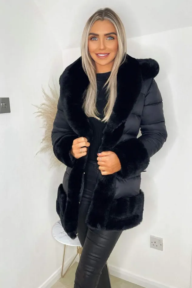AX Paris Black Faux Fur Trim Belted Jacket Women Coats and Jackets