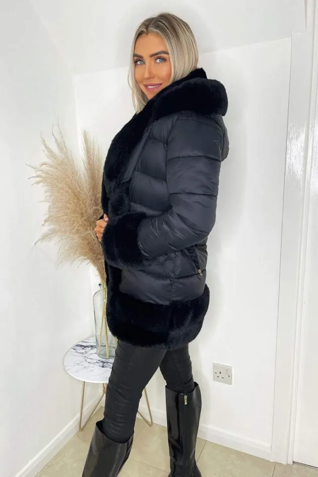 AX Paris Black Faux Fur Trim Belted Jacket Women Coats and Jackets