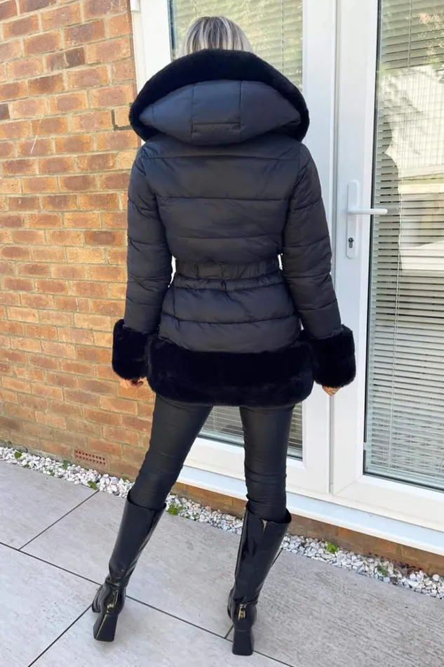 AX Paris Black Faux Fur Trim Belted Jacket Women Coats and Jackets