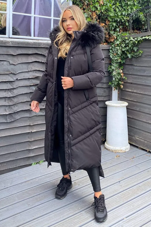 AX Paris Black Faux Fur Trim Hooded Puffer Coat Women Coats and Jackets