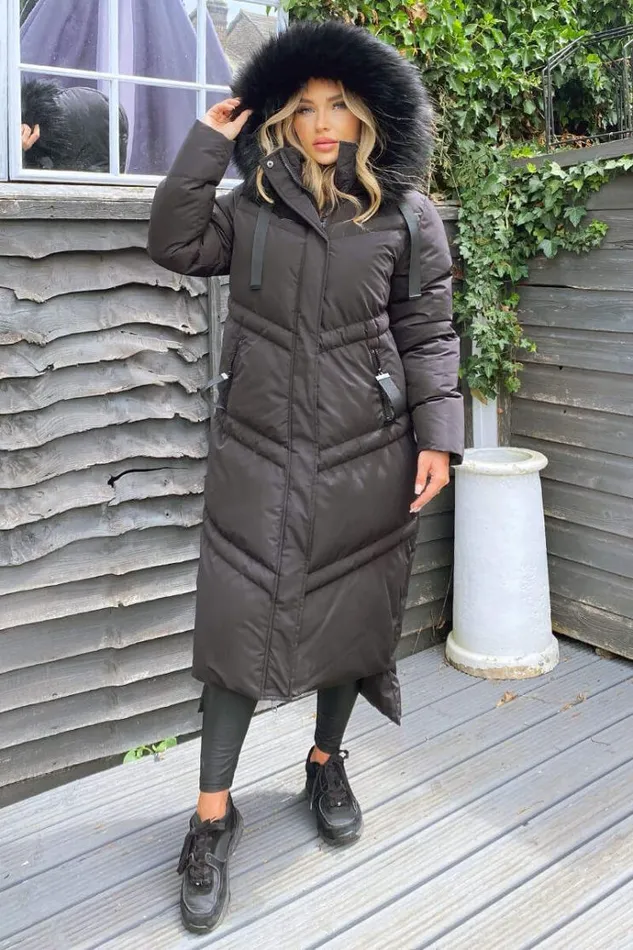 AX Paris Black Faux Fur Trim Hooded Puffer Coat Women Coats and Jackets