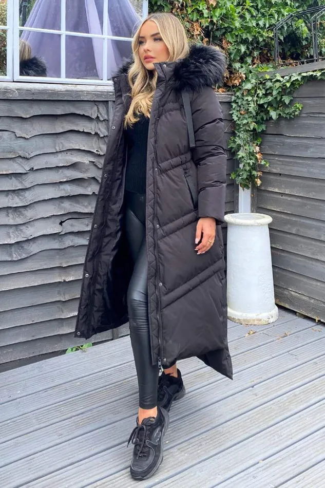 AX Paris Black Faux Fur Trim Hooded Puffer Coat Women Coats and Jackets
