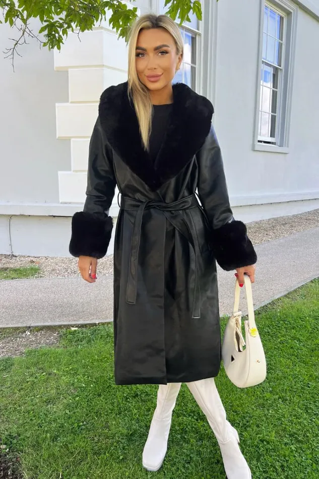 AX Paris Black Faux Fur Trim Leather Look Long Coat Women Coats and Jackets