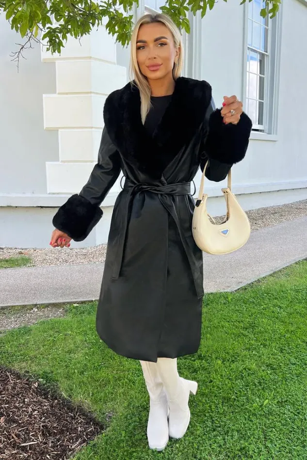 AX Paris Black Faux Fur Trim Leather Look Long Coat Women Coats and Jackets