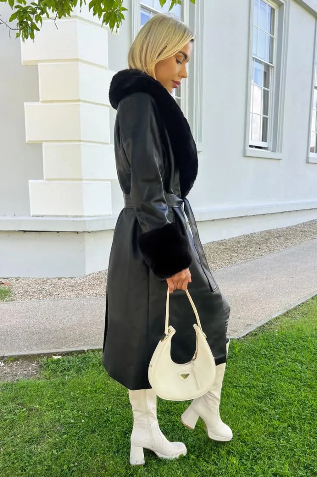 AX Paris Black Faux Fur Trim Leather Look Long Coat Women Coats and Jackets