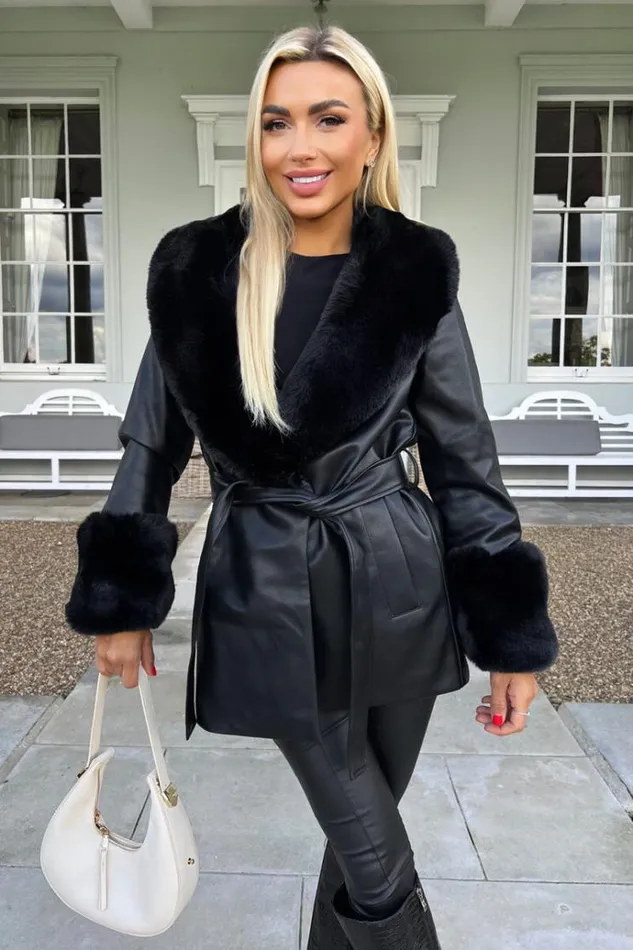 AX Paris Black Faux Fur Trim Leather Look Short Coat Women Coats and Jackets