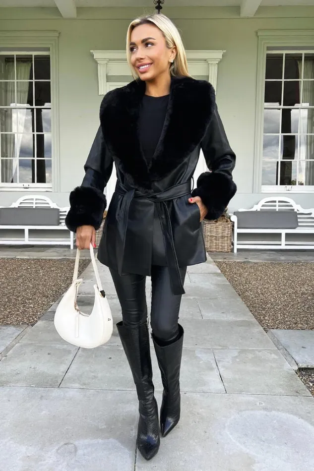 AX Paris Black Faux Fur Trim Leather Look Short Coat Women Coats and Jackets