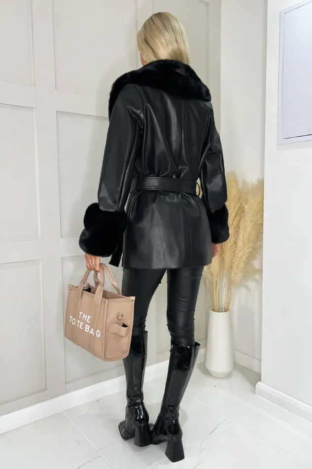 AX Paris Black Faux Fur Trim Leather Look Short Coat Women Coats and Jackets