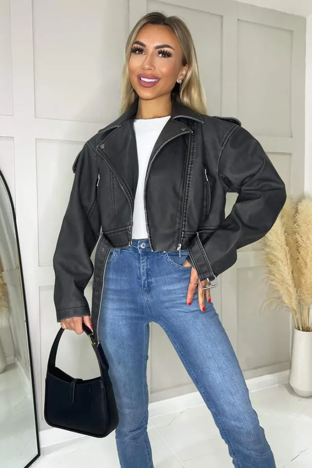 AX Paris Black Faux Leather Cropped Jacket Women Coats and Jackets