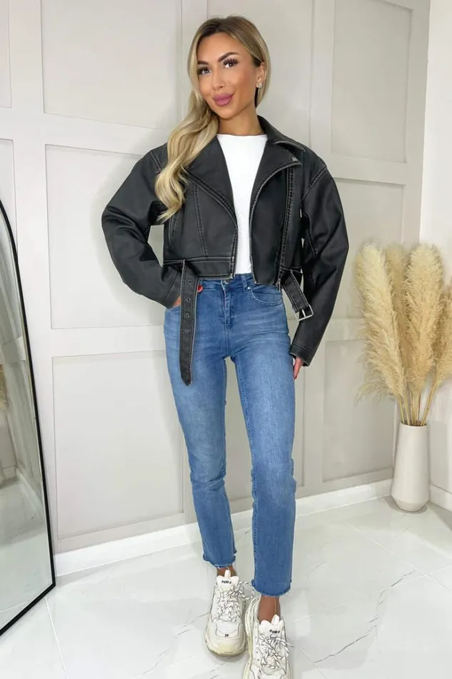 AX Paris Black Faux Leather Cropped Jacket Women Coats and Jackets