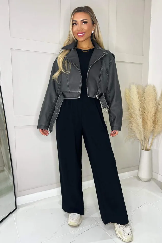 AX Paris Black Faux Leather Cropped Jacket Women Coats and Jackets