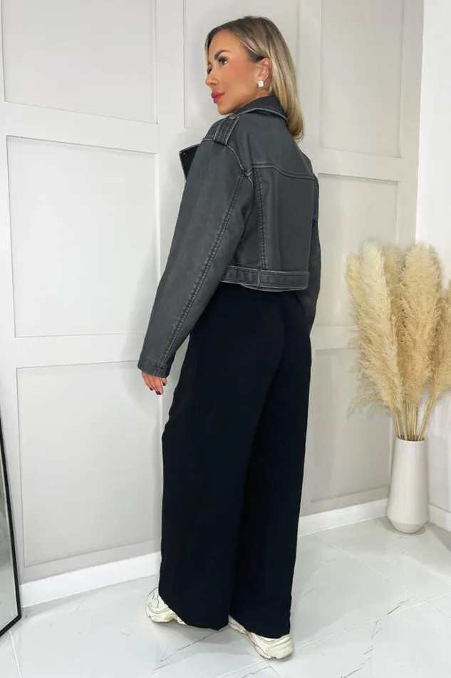 AX Paris Black Faux Leather Cropped Jacket Women Coats and Jackets