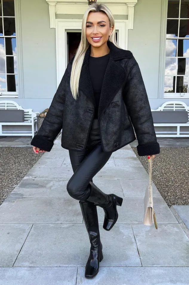 AX Paris Black Faux Shearling Coat Women Coats and Jackets