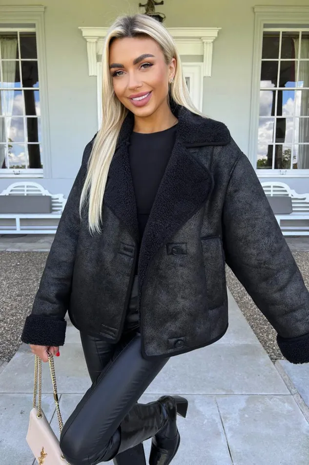 AX Paris Black Faux Shearling Coat Women Coats and Jackets