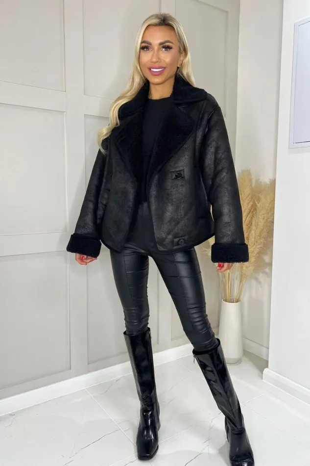 AX Paris Black Faux Shearling Coat Women Coats and Jackets