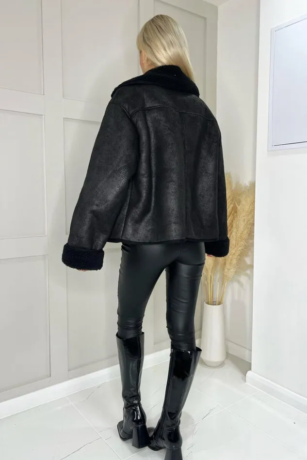 AX Paris Black Faux Shearling Coat Women Coats and Jackets