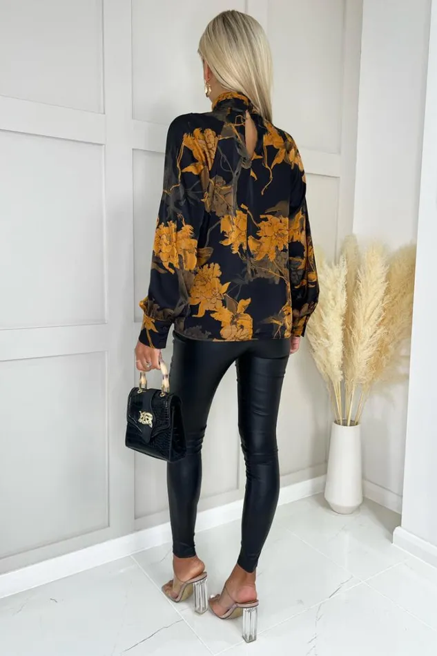 AX Paris Black Floral Pleated High Neck Top Women Tops