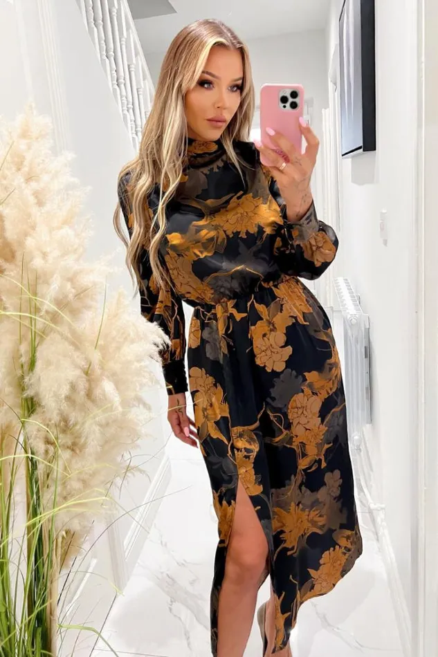 AX Paris Black Floral Print High Neck Long Sleeve Midi Dress Women Dresses