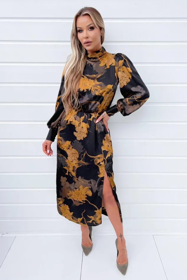 AX Paris Black Floral Print High Neck Long Sleeve Midi Dress Women Dresses