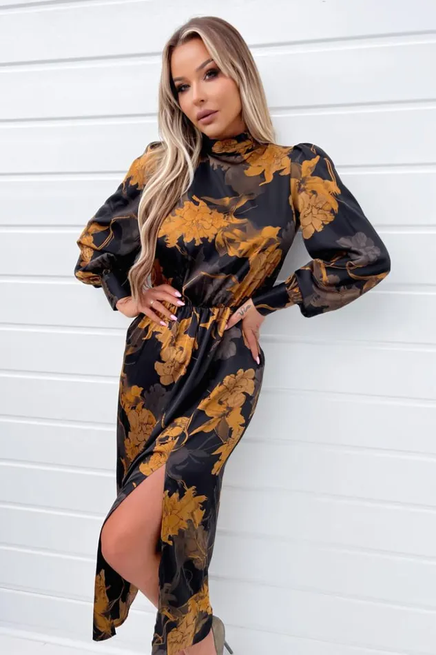 AX Paris Black Floral Print High Neck Long Sleeve Midi Dress Women Dresses