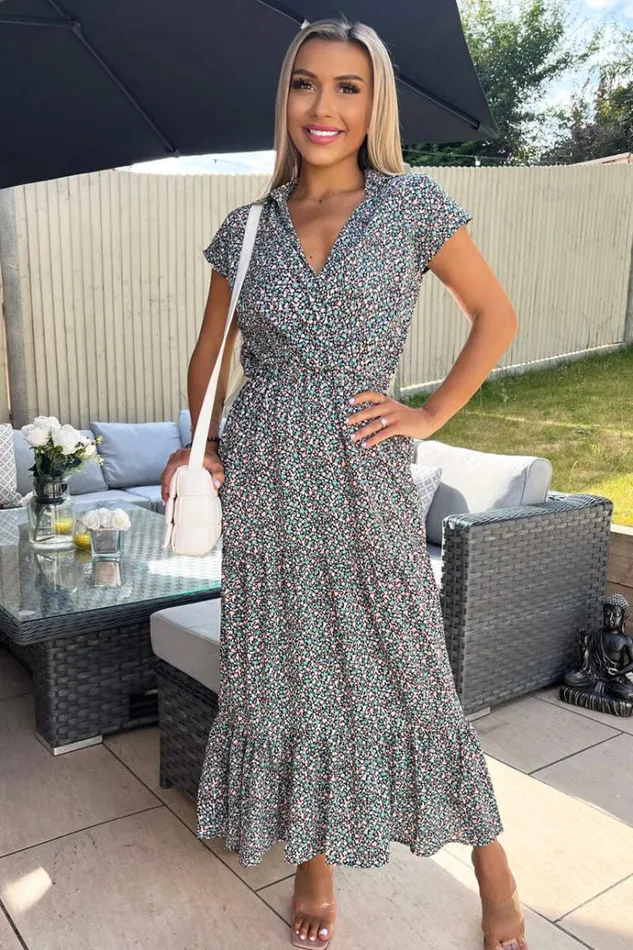 AX Paris Black Floral Print Short Sleeved VNeck Midi Smock Dress Women Dresses