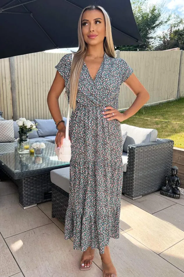 AX Paris Black Floral Print Short Sleeved VNeck Midi Smock Dress Women Dresses