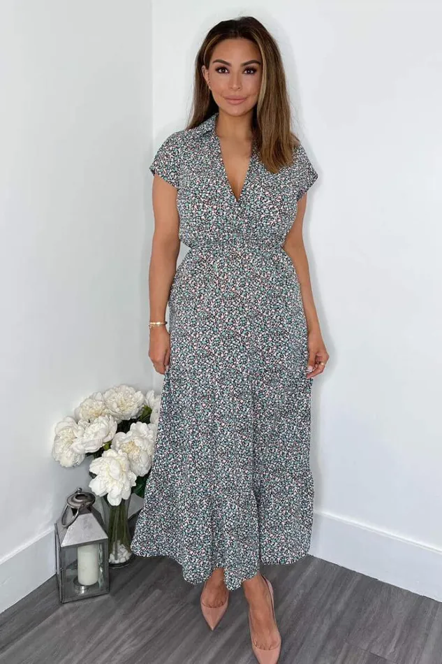 AX Paris Black Floral Print Short Sleeved VNeck Midi Smock Dress Women Dresses
