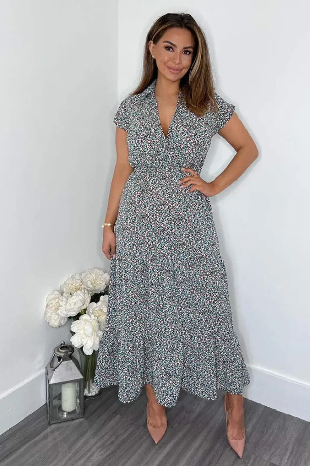 AX Paris Black Floral Print Short Sleeved VNeck Midi Smock Dress Women Dresses