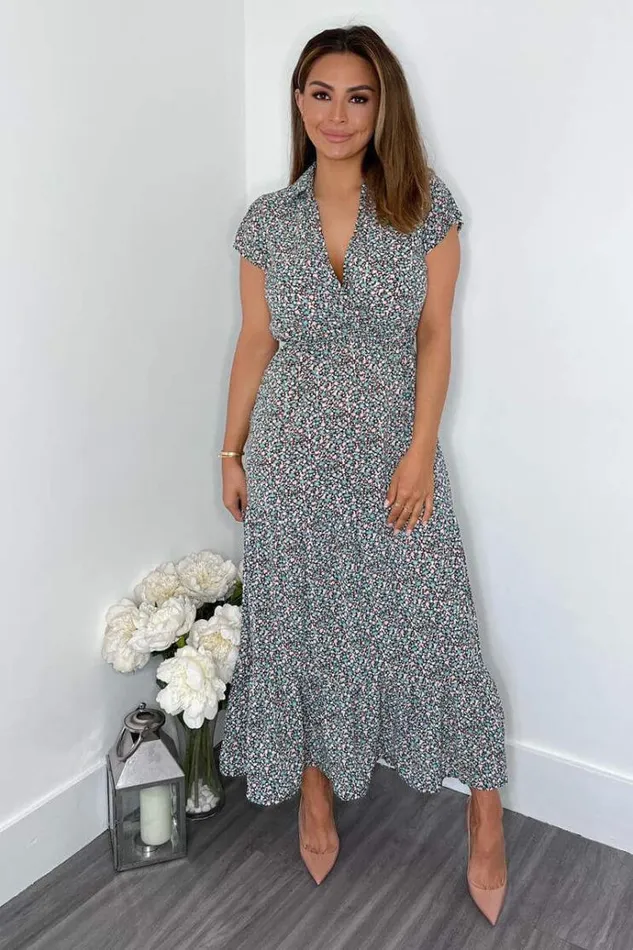 AX Paris Black Floral Print Short Sleeved VNeck Midi Smock Dress Women Dresses