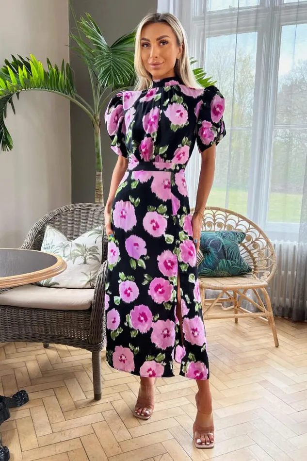 AX Paris Black Floral Printed Short Puff Sleeve Midi Dress Women Dresses