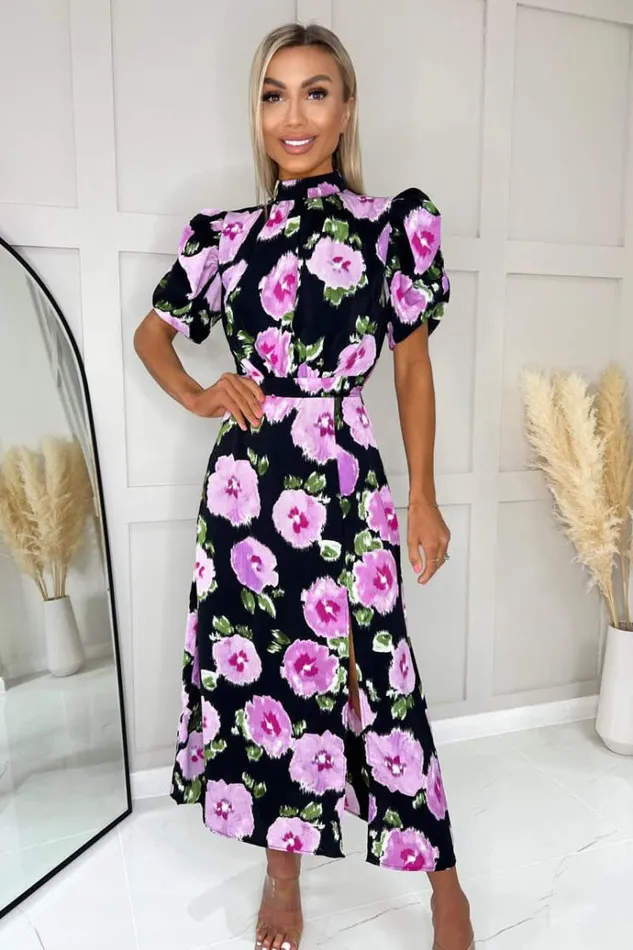 AX Paris Black Floral Printed Short Puff Sleeve Midi Dress Women Dresses