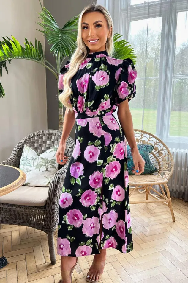AX Paris Black Floral Printed Short Puff Sleeve Midi Dress Women Dresses