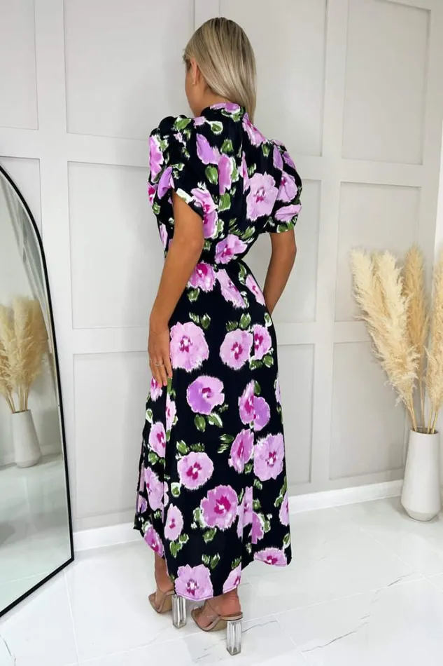 AX Paris Black Floral Printed Short Puff Sleeve Midi Dress Women Dresses