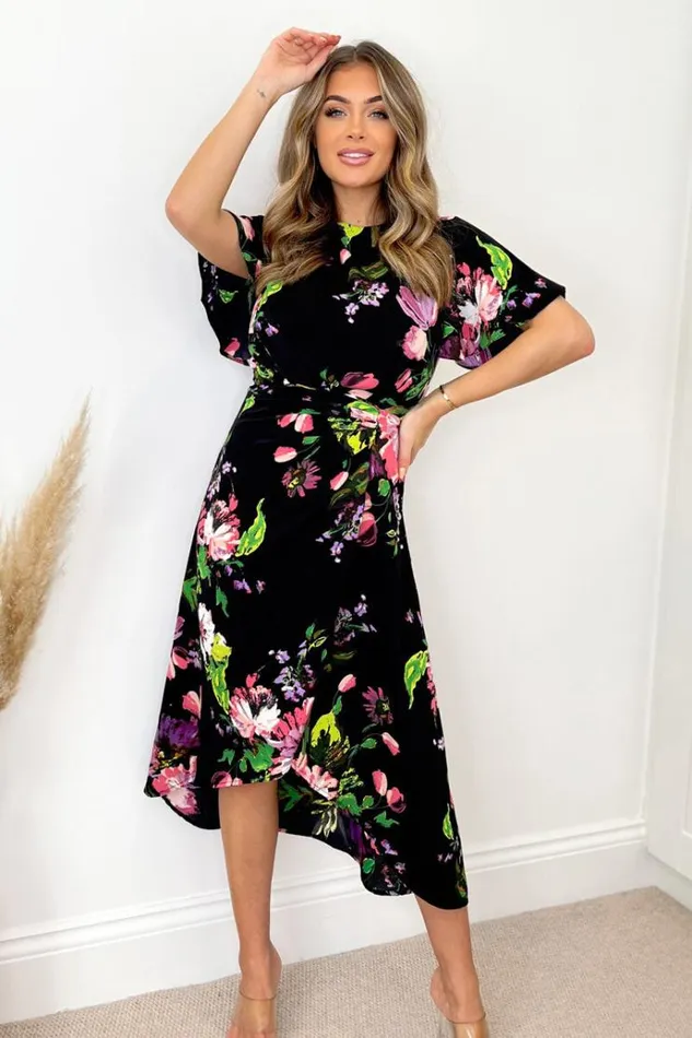 AX Paris Black Floral Printed Short Sleeve Gathered Side Midi Dress Women Dresses AX Paris Black Floral Printed Short Sleeve Gathered Side Midi Dress Women Dresses
