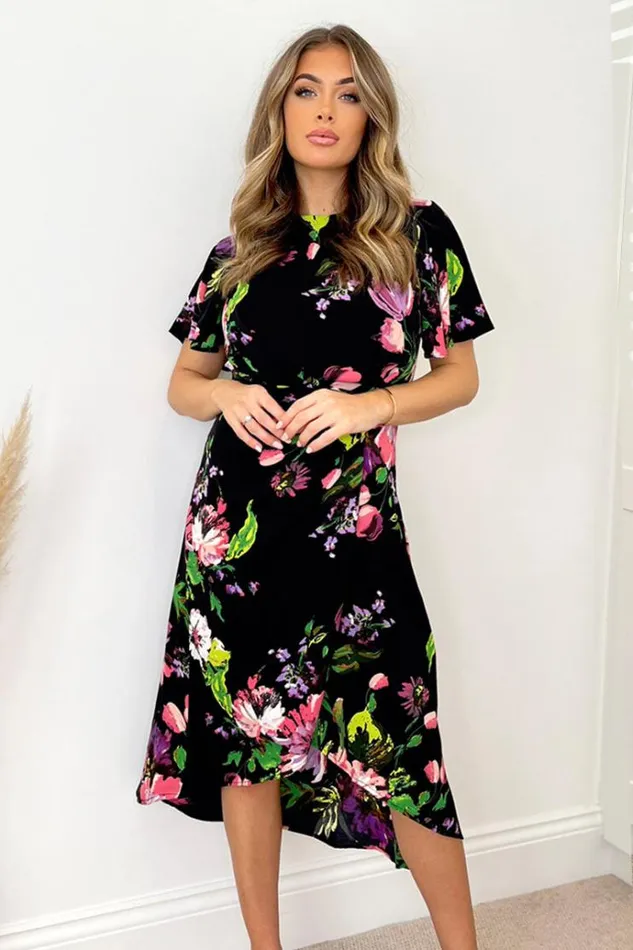 AX Paris Black Floral Printed Short Sleeve Gathered Side Midi Dress Women Dresses