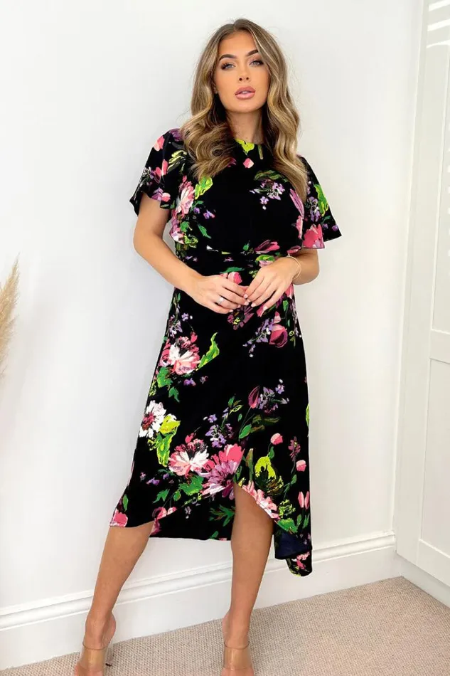 AX Paris Black Floral Printed Short Sleeve Gathered Side Midi Dress Women Dresses