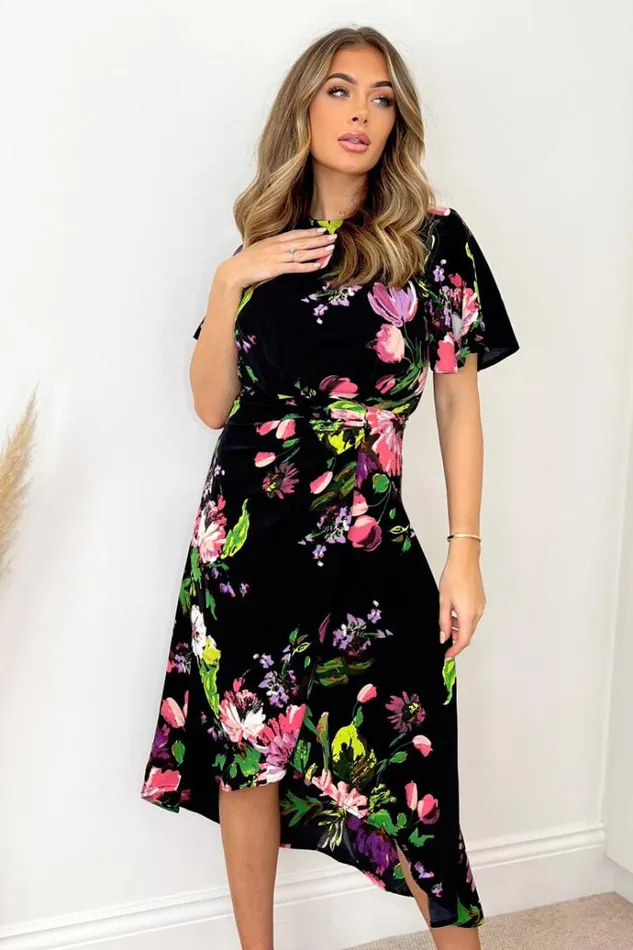 AX Paris Black Floral Printed Short Sleeve Gathered Side Midi Dress Women Dresses