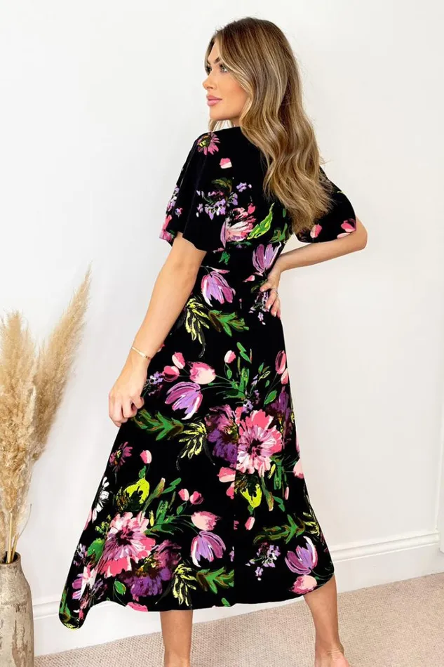 AX Paris Black Floral Printed Short Sleeve Gathered Side Midi Dress Women Dresses