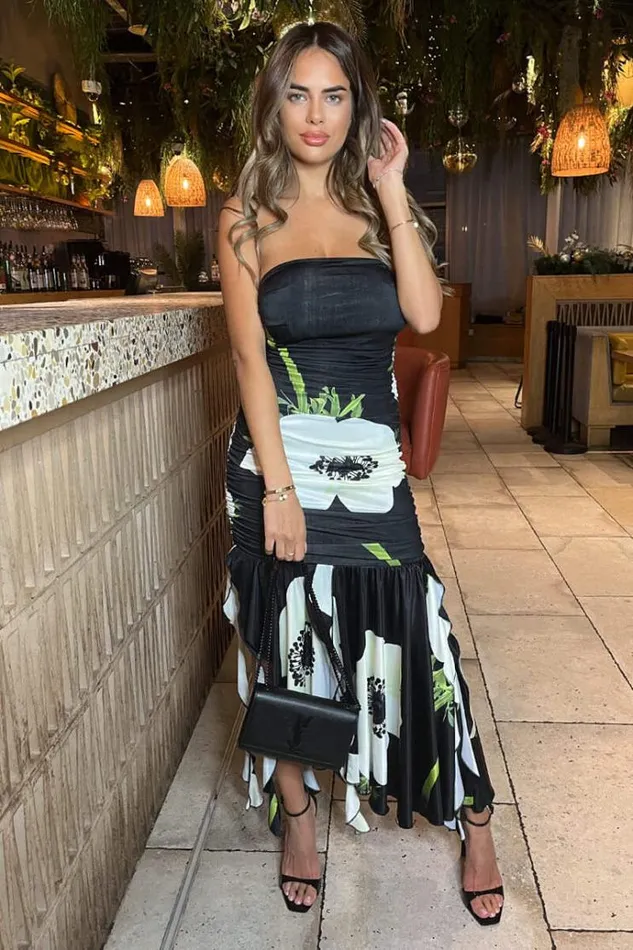 AX Paris Black Floral Printed Strapless Ruched Midi Dress Women Dresses