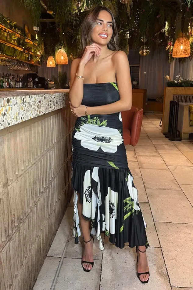 AX Paris Black Floral Printed Strapless Ruched Midi Dress Women Dresses