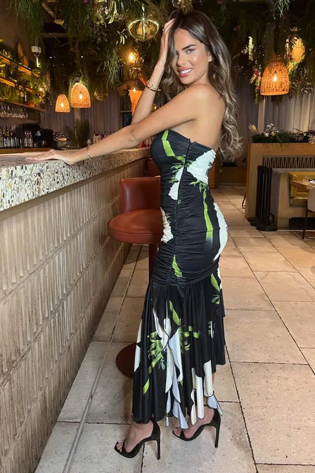 AX Paris Black Floral Printed Strapless Ruched Midi Dress Women Dresses