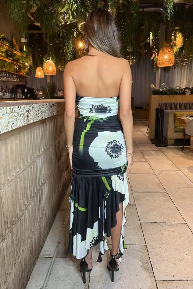 AX Paris Black Floral Printed Strapless Ruched Midi Dress Women Dresses