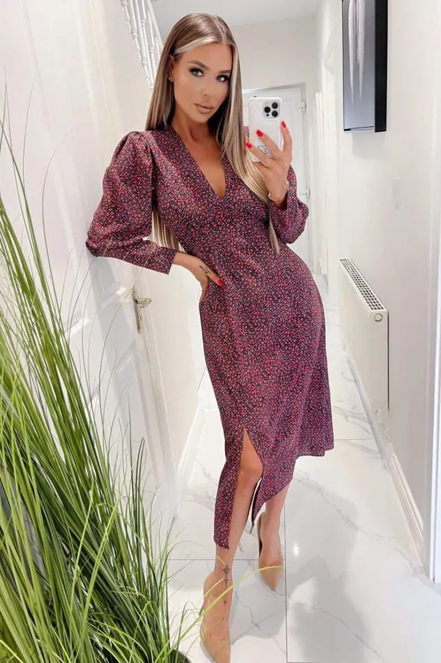 AX Paris Black Floral Printed VNeck Long Sleeve Midi Dress Women Dresses