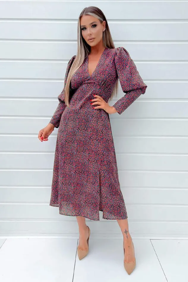 AX Paris Black Floral Printed VNeck Long Sleeve Midi Dress Women Dresses