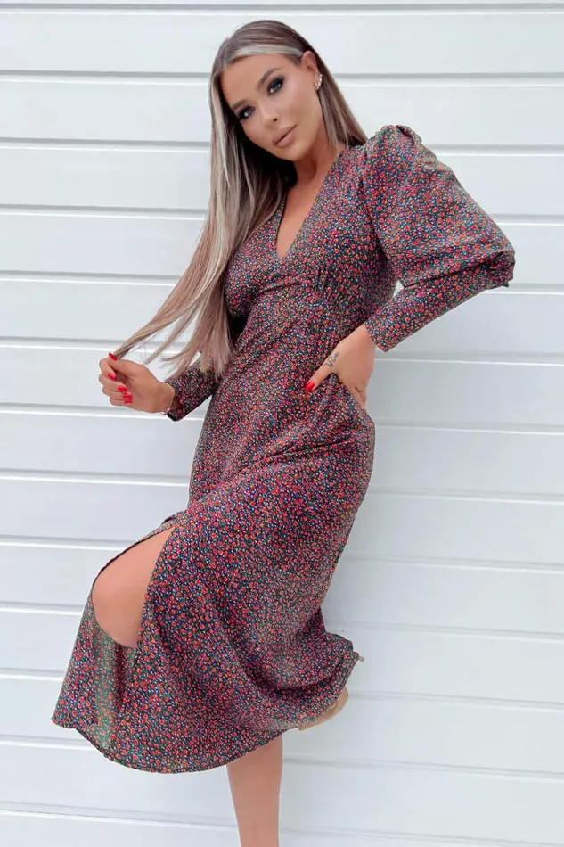 AX Paris Black Floral Printed VNeck Long Sleeve Midi Dress Women Dresses